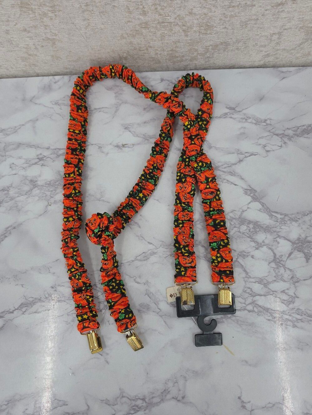 Vintage 90s Orange Pumpkin Print Elastic Suspender Straps Halloween Fall